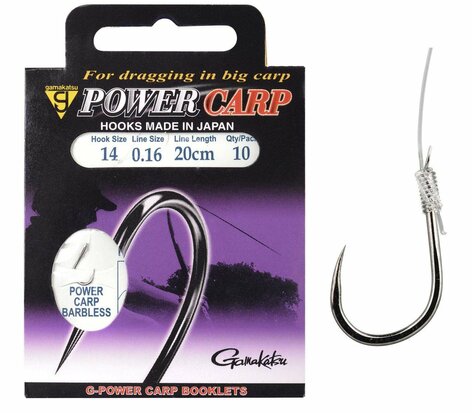 Gamakatsu Power Carp Barbless Booklet (haak 12/line 0.18mm) goudvoorn